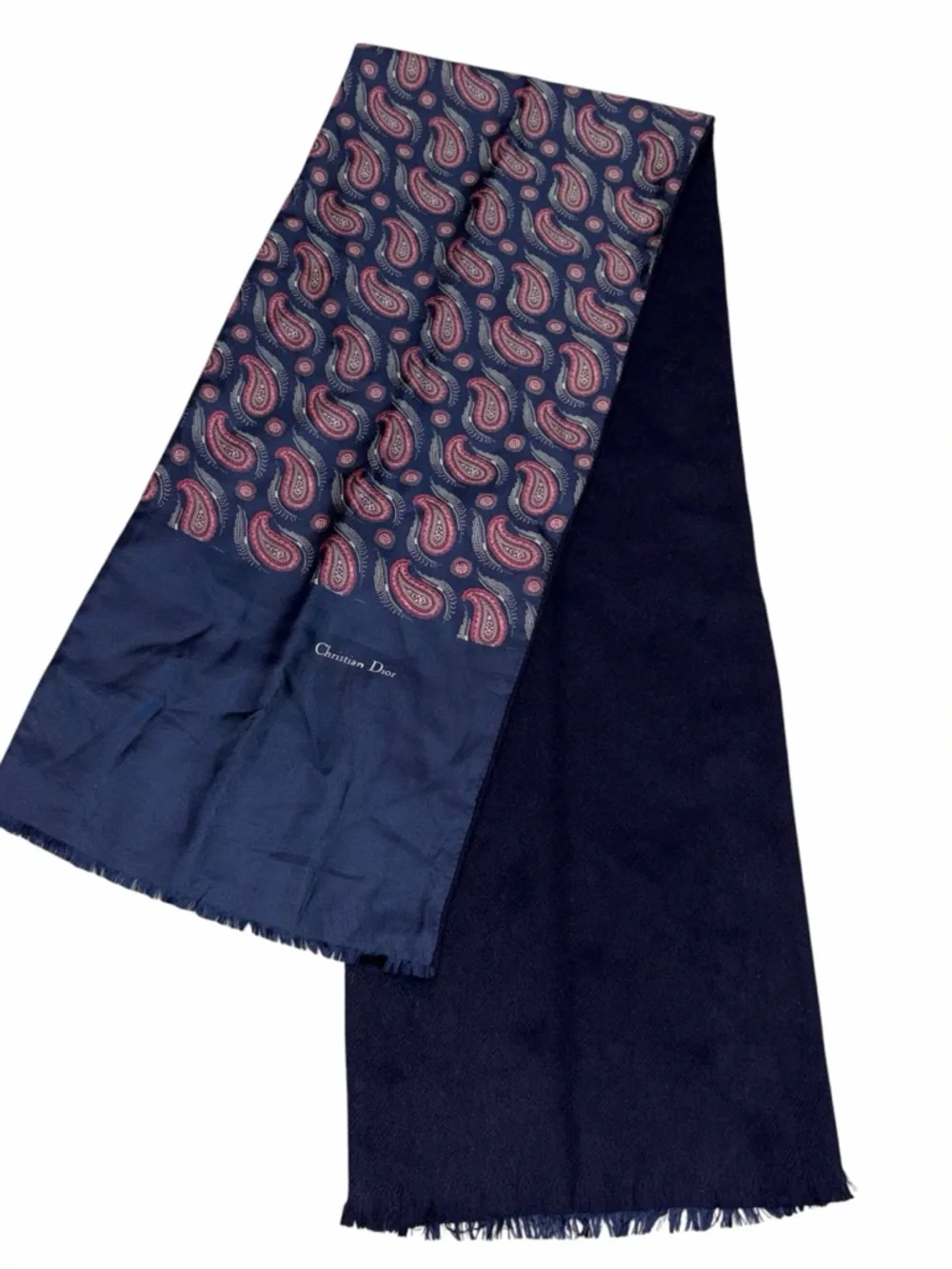 Vintage Christian Dior Navy Blue Paisley Silk & Wool Reversible Scarf Shawl